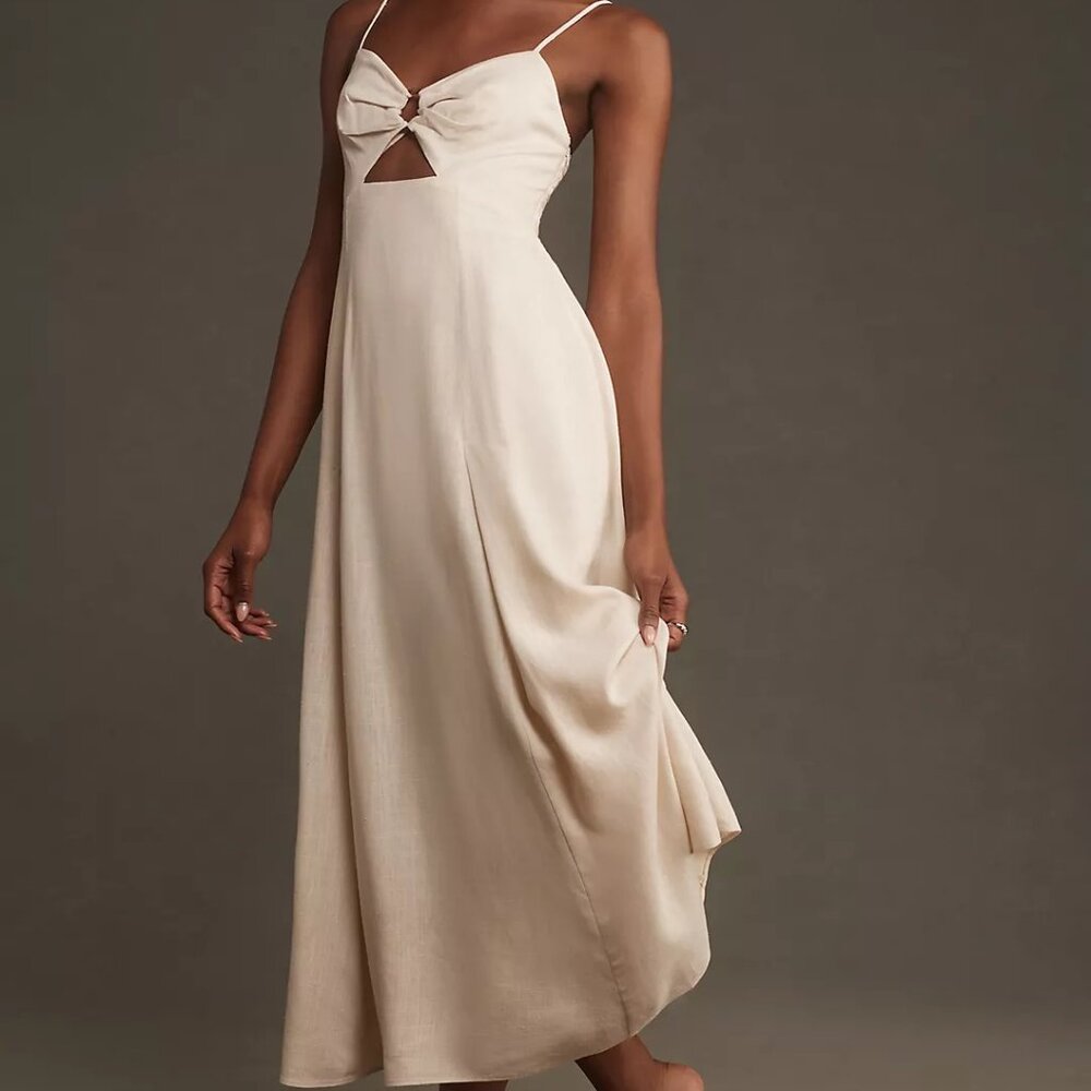 NWT By Anthropologie Linen Sweetheart Cutout A-Line Midi Dress, Ivory, Size M